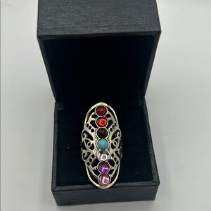 Silver-Tone Multistone Oval Statement Ring - Red, Turquoise, Purple